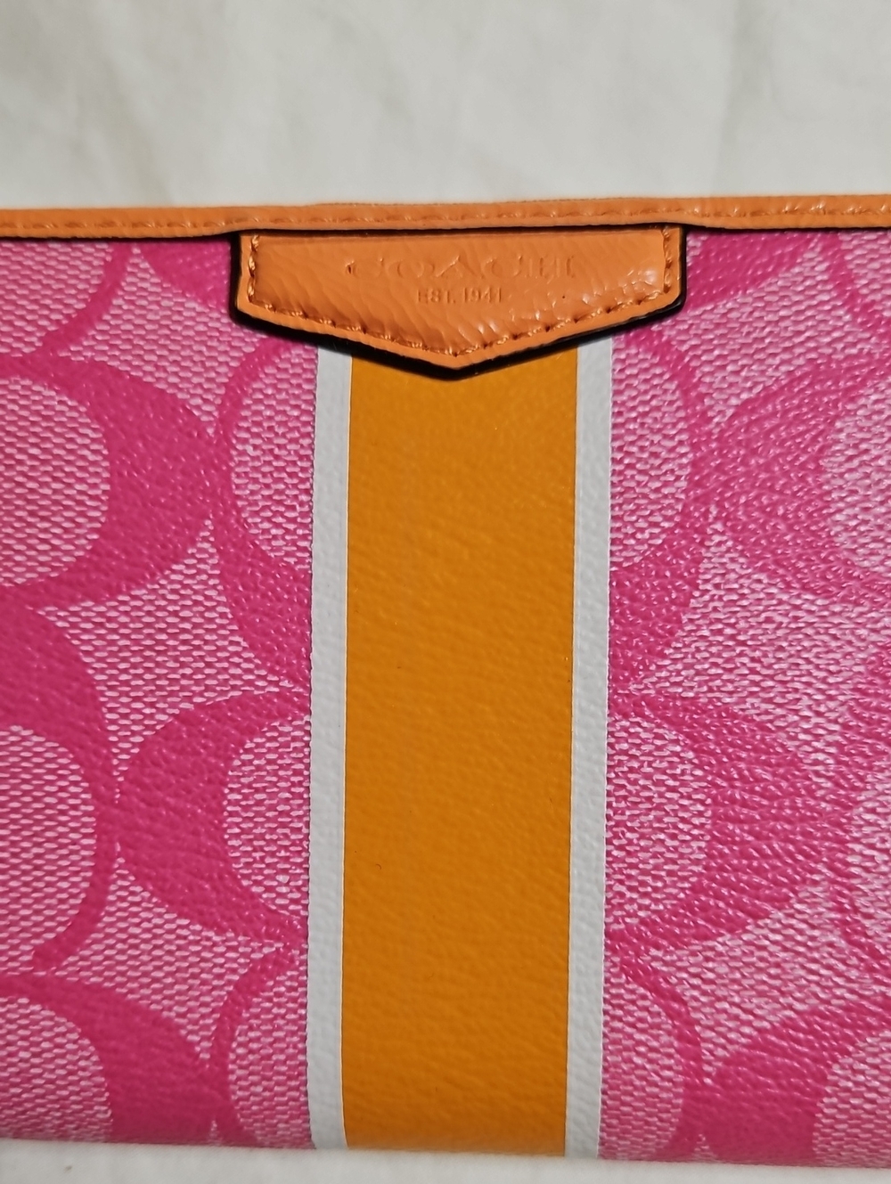 Coach Pink Signature Zip Wallet with Orange Trim - Picture 3 of 6